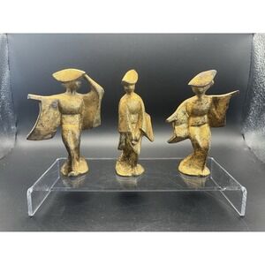VTG Mcm Cast Metal dancing Geisha Figurines Lot Of 3‎ Gilted Gold Tone 4" Monts